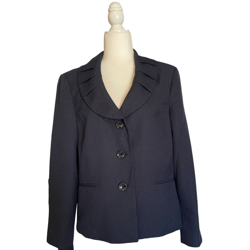 Le Suit Womens Black Blazer Jacket Size 16 Pleated Collar Button Closures Made i